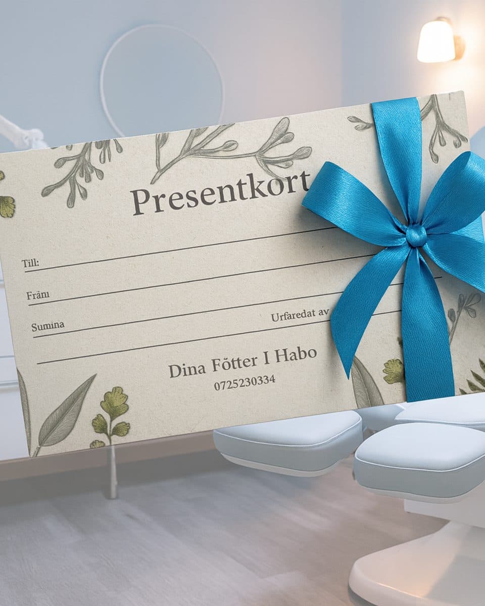Presentkort från Dina Fötter i Habo med blått sidenband